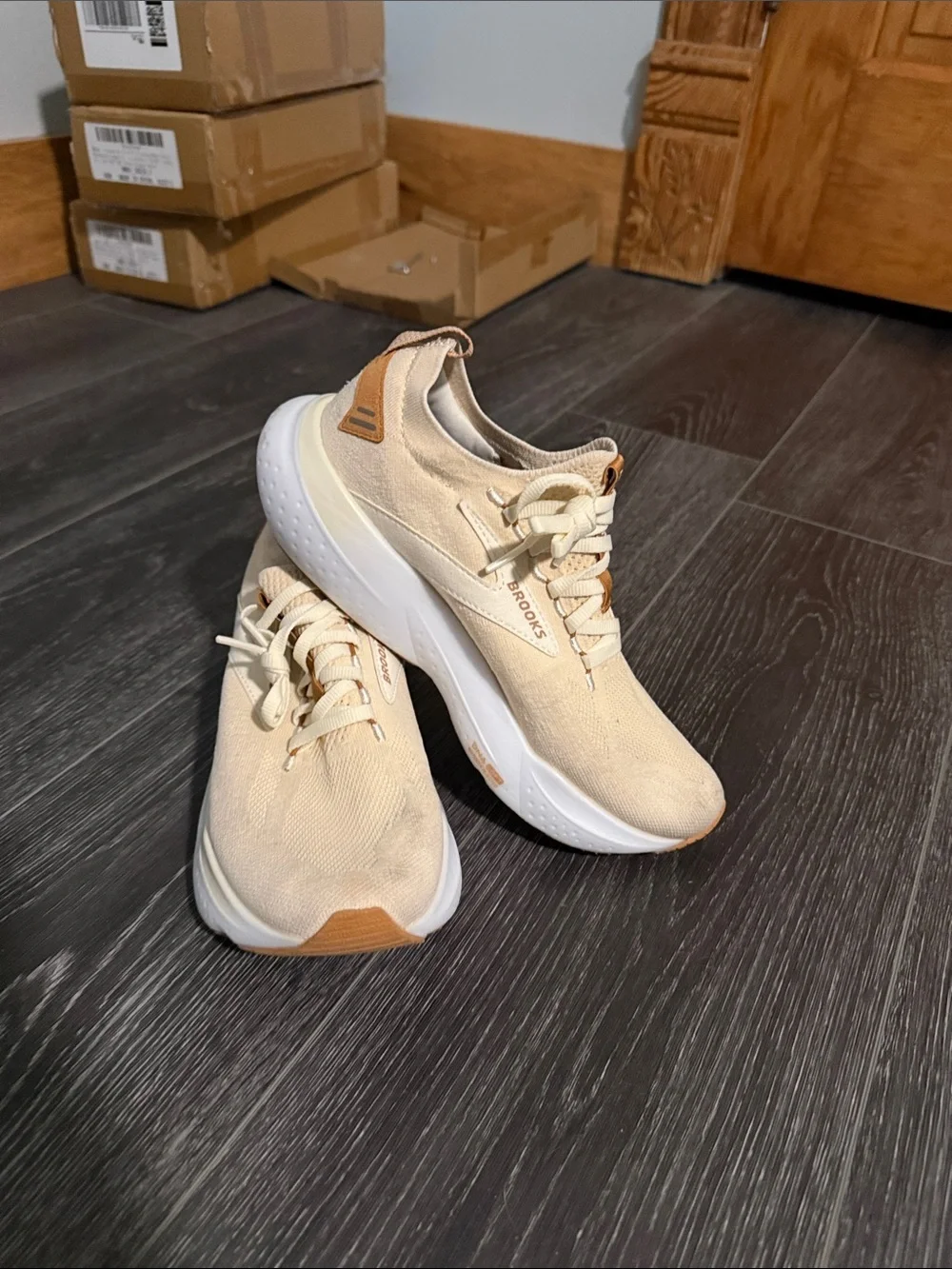Brooks Women’s Cream Athletic Running Shoes with Tan Accents